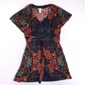 HM Paisley Tunic Mini Dress Womens M Boho V Neck Tie Waist Short Sleeve Blue